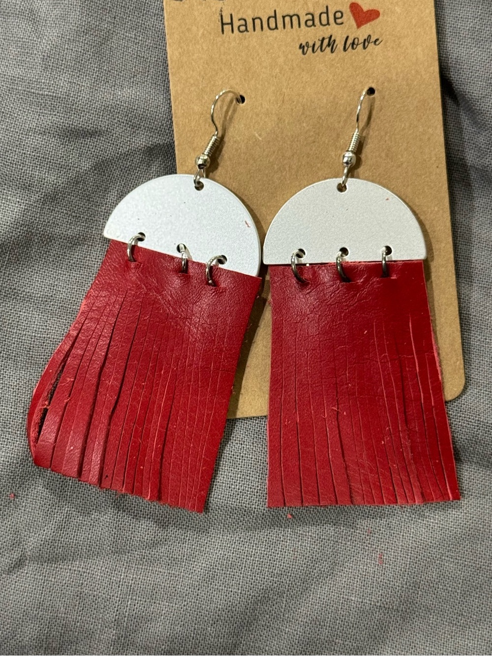 Handmade Red Fringe Drop Earrings with silver Accent